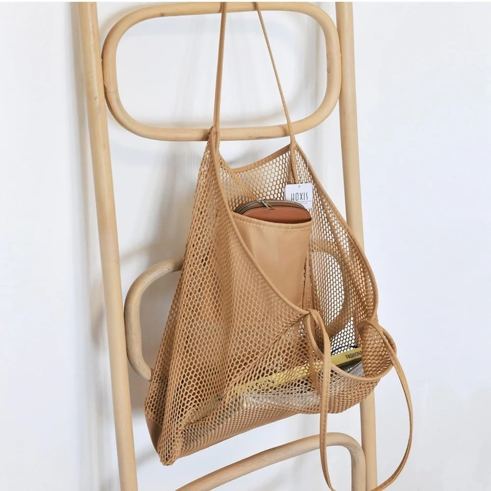 Taupe Mesh Beach Tote Womens Lightweight Shopping Shoulder Handbag - Picture 5 of 8